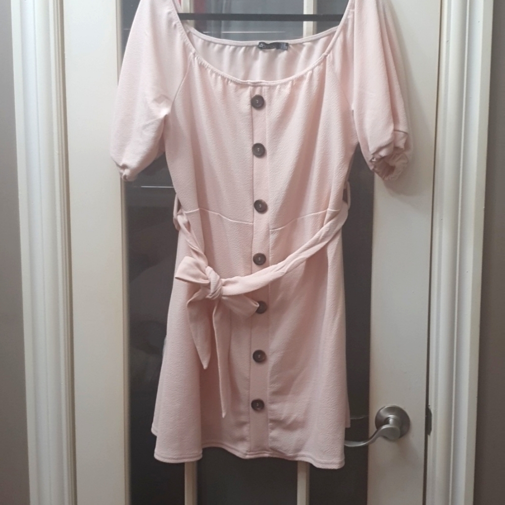 Blush pink off shoulder dress with fabric belt
